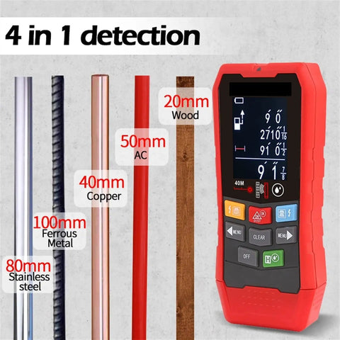 Hella Accurate Heavy Duty Four In One Wall Scanner And Metal Detector showing detection depths for metal and wood materials.