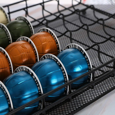 Vertuo Capsule Storage Drawer For VertuoLine Pods Metal Organizer Holds 40 Capsules with colored pods in metal grid