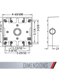 Technical drawing of Weatherproof Outdoor 2 Gang Gray Junction Box 2 Inch Deep With Five 0.75 Inch Threaded Holes And Side Lugs