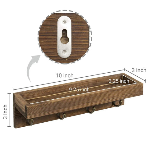 Super Sleek 10 Inch Brown Wood Wall Mount Floating Shelf With Four Antique Metal Key Hooks Straight Up Perfect Entryway Organizer For Mail Keys Coats And Phone Gear No Sweat Setup Totally Chic Home Decor
