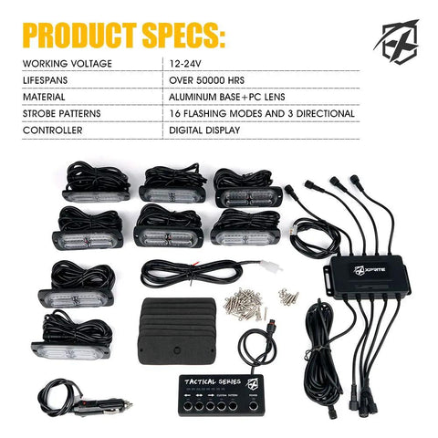 Beef Up Your Ride Ultra Thin Surface Mount Strobe Lights Kit components with control panel and wiring in black and silver