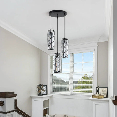 Three Light Black Crystal Pendant Lighting Fixture For Kitchen Island And Dining Room Modern Industrial Chandelier with window view.