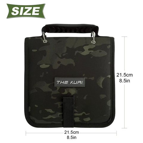 Fishing Tackle Binder Lure Storage Bag for Soft Baits Rigs and Jigs Easy Carry Lightweight 9.5 x 8.3 Inches Black Camouflage front view