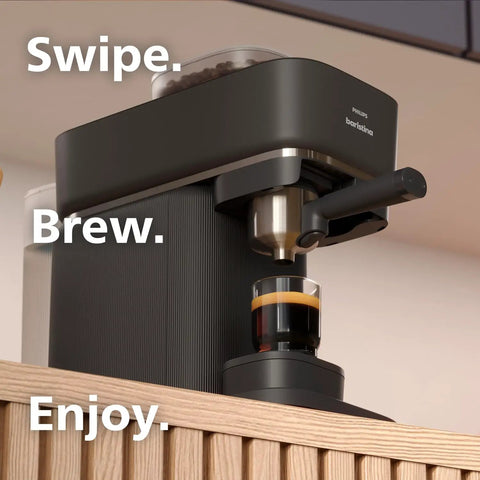 Baristina Espresso Machine With Automatic Grinder Grind Tamp And Brew In One Swipe 16 Bar Pump Compact Black Coffee Maker for home use.