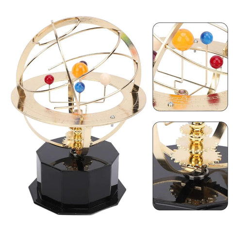 Gold Tone Solar System Model Decoration With Iron And Plastic Grand Orrery Educational Toy showing planets on a black base