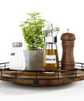 Pro Grade 12 Inch Farmhouse Solid Wood Lazy Susan Rotating Turntable Kitchen Pantry Organizer with salt, olive oil, and a plant.