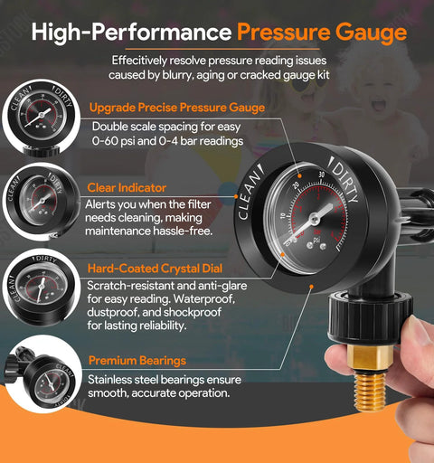 Brass air relief valve with pressure gauge for pool/spa filter; black gauge housing, brass threaded outlet.