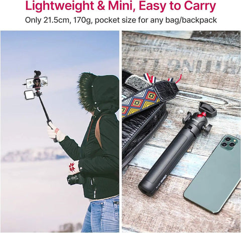 Person using Extendable Mini Camera Tripod With 4 Level Adjustments And 360 Degree Ball Head Cold Shoe Mount for travel photography.