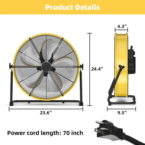 20 Inch Industrial Drum Fan Pushing 4650 Cubic Feet High Velocity Air Through Four Speed Settings Built Like A Tank For Portable Warehouse And Garage Cooling with dimensions 23.6" x 24.4" x 9.5".