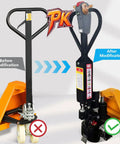 Aizyr Electric Pallet Jack Conversion Kit 48V 1000W Motor transformation before and after modification illustration.