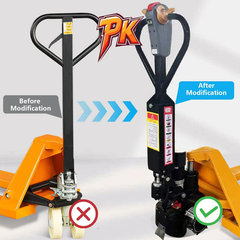 Aizyr Electric Pallet Jack Conversion Kit 48V 1000W Motor transformation before and after modification illustration.