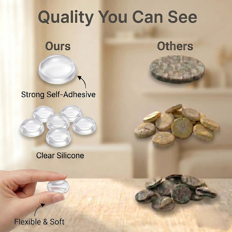 Image comparing 256 Piece Bulk Pack Clear Silicone Cabinet Door Bumpers Sticks Like Glue with other bumpers, highlighting clarity and flexibility.