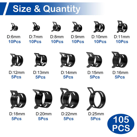 105 Piece 6 To 25Mm Spring Band Hose Clamp Kit With Pliers 15 Sizes Pro Grade Assorted Hose Clips shown in various sizes