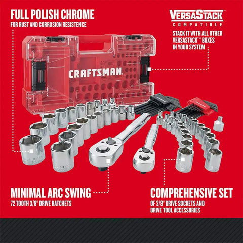 VersaStack Mechanic Tool Set 71 Piece One Quarter and Three Eighths Drive SAE and Metric Sockets Ratchets Hex Keys Adapters Case.