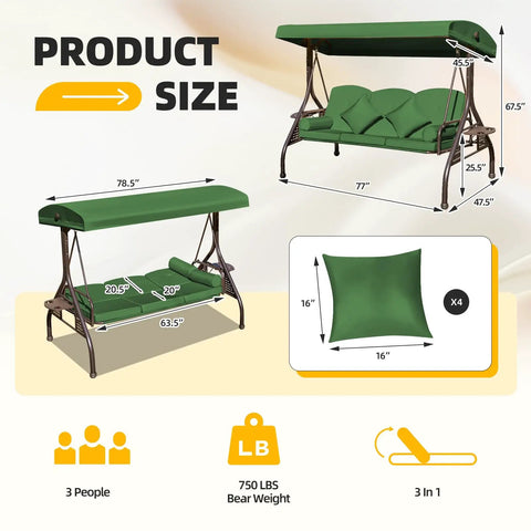 3 Seat Patio Swing With Canopy Convertible Outdoor Swing Bed With Thick Cushions And Pillows Cup Holders 135 Degree Adjustable