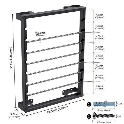Heavy Duty Wall Mount Wire Spool Rack featuring six adjustable rods, rust resistant steel, dimensions 38.7x28.3 inches for organized garage cord storage.