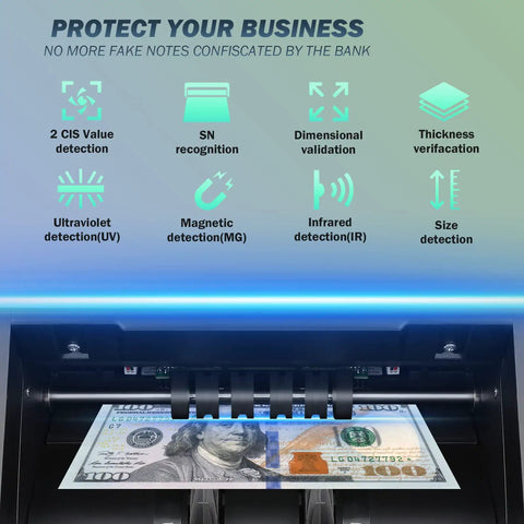 N70A Money Counter Machine With 2CIS UV MG IR Counterfeit Detection showing features like UV and serial number recognition