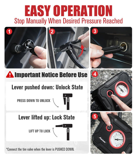 Ultra Portable 12V Tire Inflator Air Compressor With Digital Gauge And LED Light instruction manual