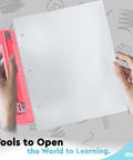 Person holding sheet of paper and pink 3 Hole Punch For Papers And Binders, Portable 3 Ring Hole Punch With Built In 10 Inch Ruler.