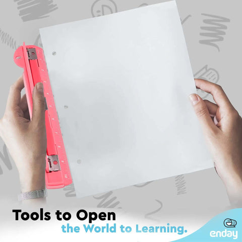 Person holding sheet of paper and pink 3 Hole Punch For Papers And Binders, Portable 3 Ring Hole Punch With Built In 10 Inch Ruler.