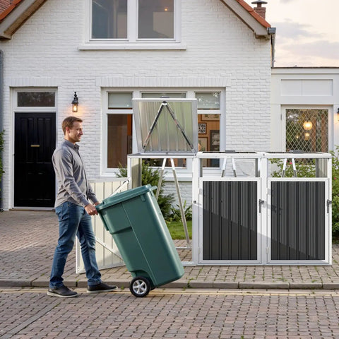 Man placing trash bin into Durable Metal Trash Can Enclosure For Three 50 Gallon Bins Heavy Duty Outdoor Storage Shed