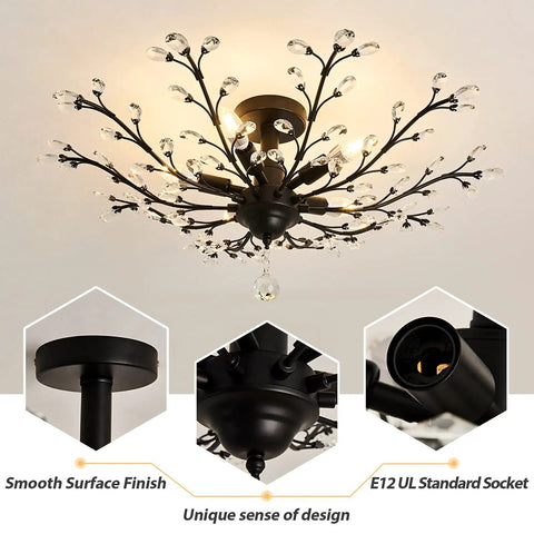 Vintage Crystal Chandelier Five Light Semi Flush Mount Ceiling Light In Black with E12 Socket, glossy finish details