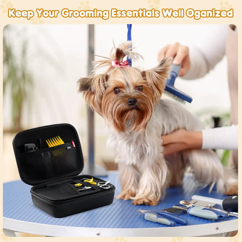 Hard Pet Grooming Tool Case Travel Organizer For Dog And Cat Kits, mesh pockets, dividers, and grooming tools, with a groomed dog.
