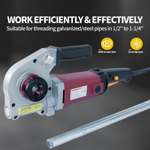 Heavy Duty Electric Pipe Threader Kit With Four Replaceable Steel Dies For One Half To One Inch Four Inches Pipes 28 Rpm No Load Speed And Included Carry Case For Professional Plumbing Jobs On Site with 2000W motor and pipe.