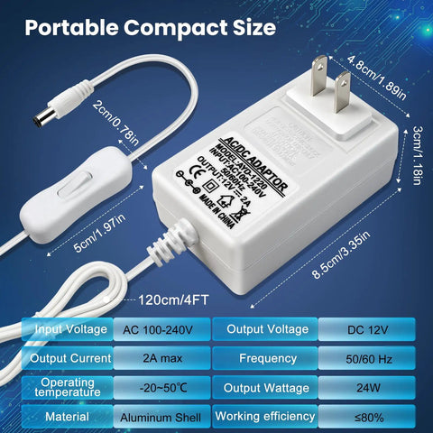 Beefy 24W 12V DC Power Supply With On Off Switch For LED Strip Lights, 5.5x2.1mm DC Female Connector visible, compact size.