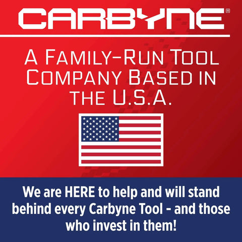 Carbyne banner with U.S. flag, highlighting family-run tool company based in the USA