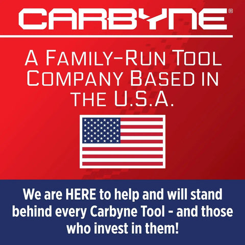 Carbyne graphic stating 'A Family-Run Tool Company Based in the U.S.A.' with American flag and commitment message.