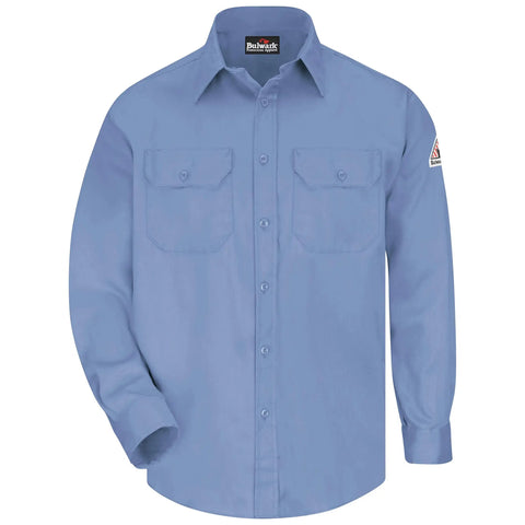 Tough As Nails Flame Resistant Work Shirt In Light Blue With Soft Cotton Nylon Mix, button-up design with chest pockets.