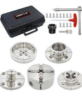 Dead Serious 4 Inch Nickel Plated Wood Lathe Chuck Set With Knockout Rust Shield And Quick Swap 1 X 8 Tpi Plus 3 4 X 16 Tpi Thread Adapters in a tool case.