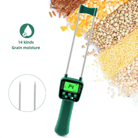 Portable Grain Moisture Meter With LCD Display And Dual Steel Probes, High Precision Hay Moisture Tester For Rice Wheat Corn And 14 Other Crops, Voice Broadcast Alerts, User Friendly And Ergonomic Anti Slip Handle, green handheld meter