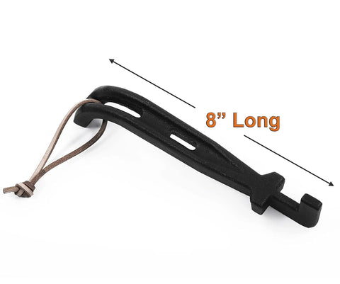 Cast Iron Grill Grid Lifter, 8 Inch Long Universal Barbecue Grate Lifter For Charcoal And Gas Grills shown with leather lanyard