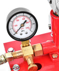 Manual hydraulic pressure test pump with 1000 psi gauge, brass fittings on red base