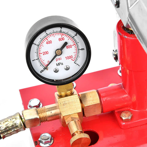 Manual hydraulic pressure test pump with 1000 psi gauge, brass fittings on red base