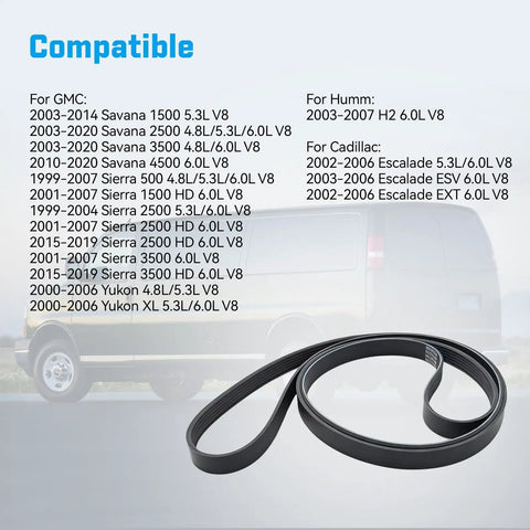 Top Tier EPDM Serpentine Drive Belt Compatible With Chevy Silverado, Suburban, Tahoe, GMC Sierra, Yukon, Savana And Cadillac Escalade 4.8L 5.3L 6.0L V8 on display.