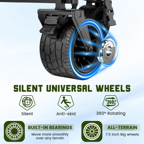 Heavy Duty Folding Wagon 2 In 1 Collapsible Cart Transforming Into Beach Chair With 650 Lb Capacity All Terrain Wheels close-up