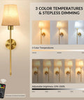 No Wiring Hassle Battery Operated Wall Sconces Set Of Two With Remote Control adjustable 3CCT Led Lighting in gold finish with shades.