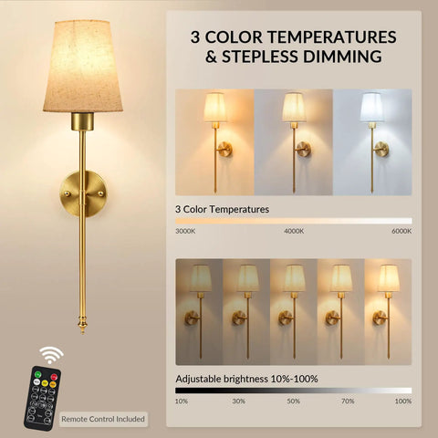 No Wiring Hassle Battery Operated Wall Sconces Set Of Two With Remote Control adjustable 3CCT Led Lighting in gold finish with shades.
