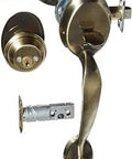 Left Handed Plymouth Double Cylinder Door Handleset in Antique Brass with Avant Finish, keyed on both sides, wooden doors