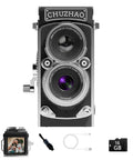 Retro TLR Style Pocket Camera For Beginners And Teens 1080P HD Video 12MP Autofocus with 16GB card, cables displayed.