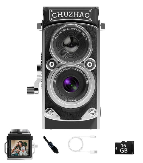 Retro TLR Style Pocket Camera For Beginners And Teens 1080P HD Video 12MP Autofocus with 16GB card, cables displayed.