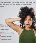 Surprised woman holding hair, text about scalp issues from product residue on left side.