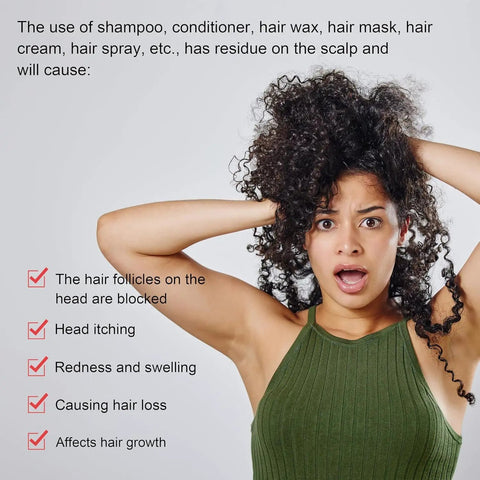 Surprised woman holding hair, text about scalp issues from product residue on left side.