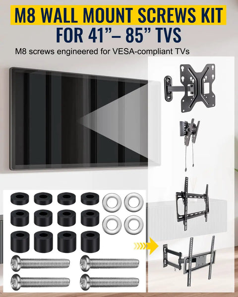 Adjustable M8 TV Mount Screws With Washers And Spacers For 41 To 85 Inch VESA TVs, Extra Long Bolts, mounting kit displayed