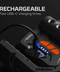 Omni 3K Rechargeable Work Light With 3000 Lumens, Six Modes, USB-C charging cable connected to power bank, close-up.