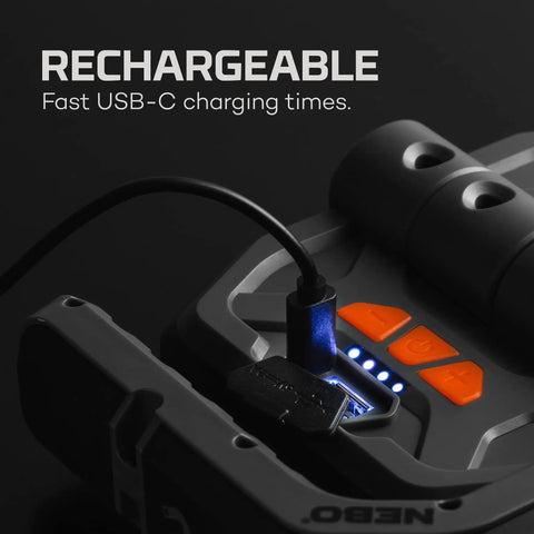 Omni 3K Rechargeable Work Light With 3000 Lumens, Six Modes, USB-C charging cable connected to power bank, close-up.