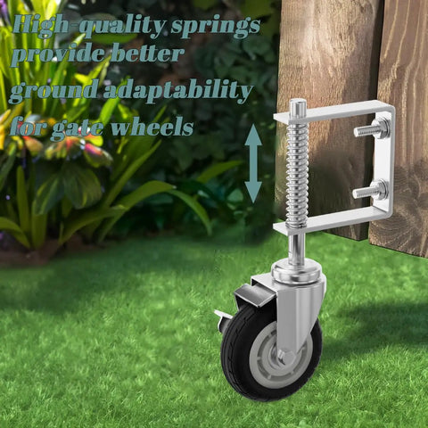 Heavy Duty 4 Inch Gate Caster With Brake For Wooden Gates, 250 Lb Capacity, Spring Loaded Solid Rubber Wheel installed on wooden gate